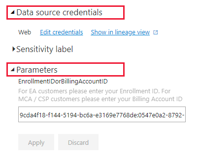 Skærmbillede af parametre for legitimationsoplysninger for datakilde.