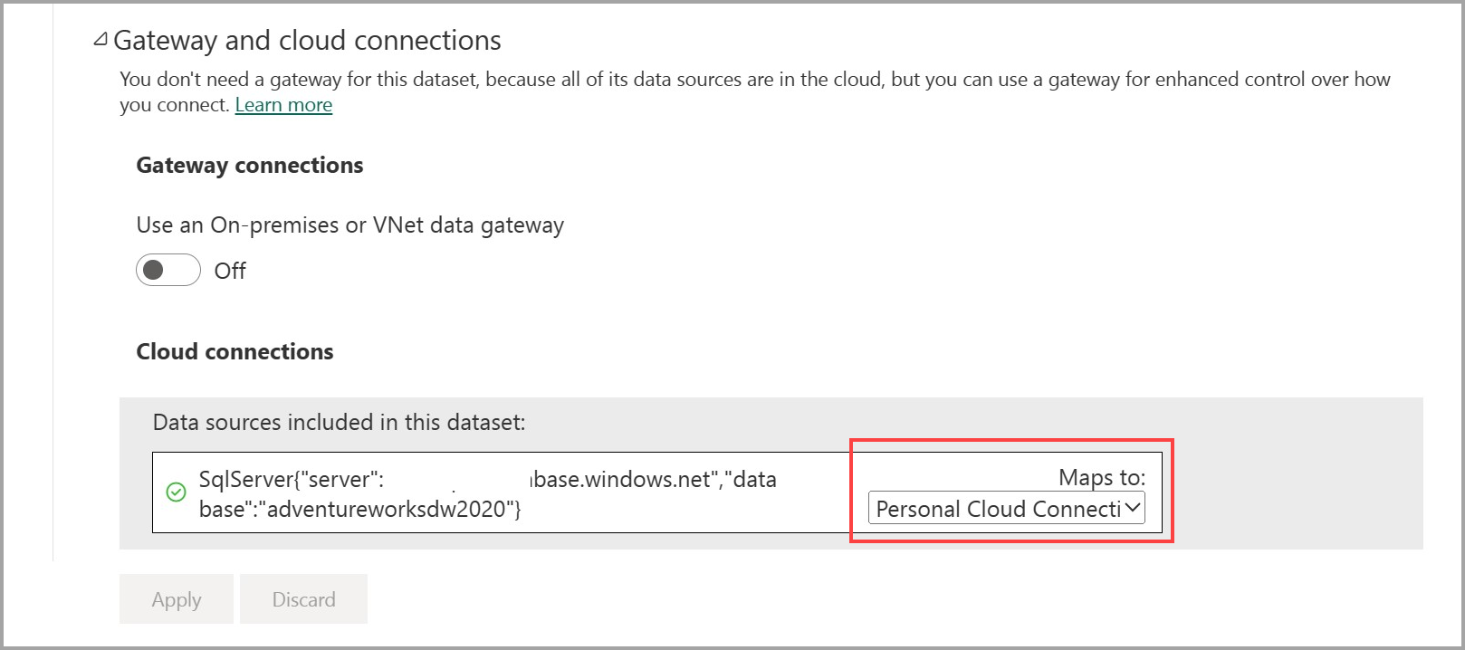 Skærmbillede af cloudforbindelse, der som standard er personlig cloudforbindelse.