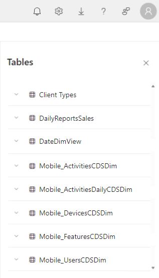 Skærmbillede af sidepanelet Tabeller på siden med semantiske modeloplysninger.