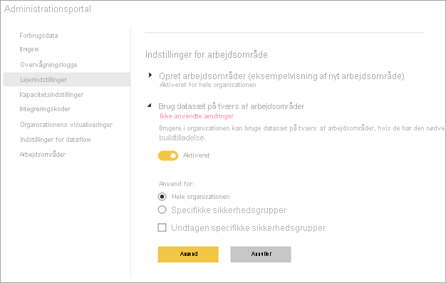 Indstillinger for Arbejdsområde for Power BI-administrator