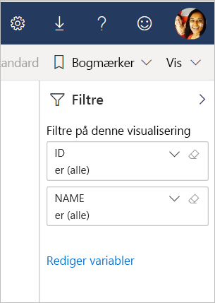 Skærmbillede, der viser linket Rediger variabler i ruden Filter.