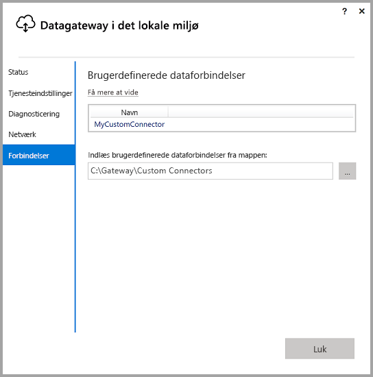 Screenshot that shows the Custom data connectors screen in the On-premises data gateway app.