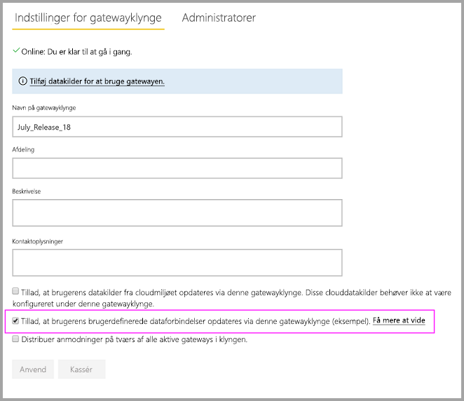 Screenshot that shows enabling custom connectors on the on-premises gateway Settings page.