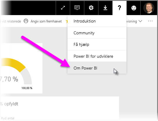 Skærmbillede, der viser spørgsmålstegnet, hvor du kan bestemme din Power BI-lejerplacering.