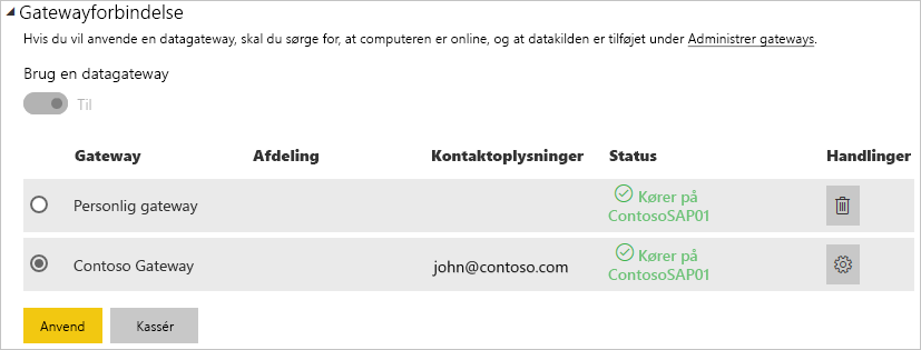 Screenshot displays the users in the Gateway connection dialog.