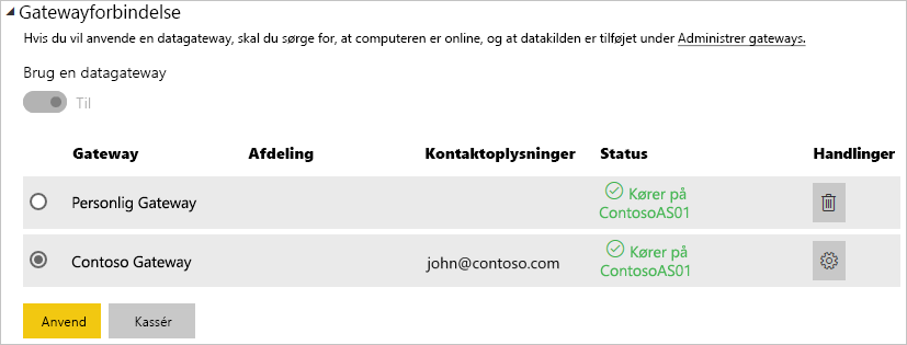 Skærmbillede af valg af den lokale gateway, der skal bruges til planlagt opdatering.