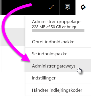 Skærmbillede, der viser tandhjulsikonet med genvejsmenuen med Administrer forbindelser og gateways valgt.