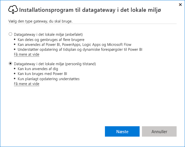 Skærmbillede, der viser valg af datagatewayen i det lokale miljø (personlig tilstand).