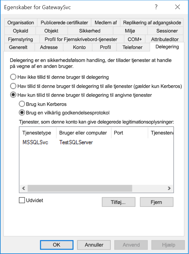 Dialogboksen Egenskaber for gateway Forbind eller