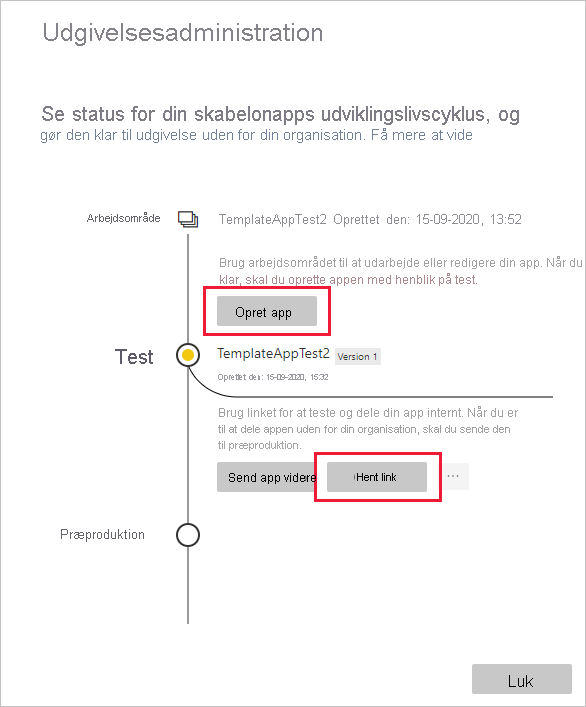 Skærmbillede af ruden Udgivelsesadministration med Hent link fremhævet.