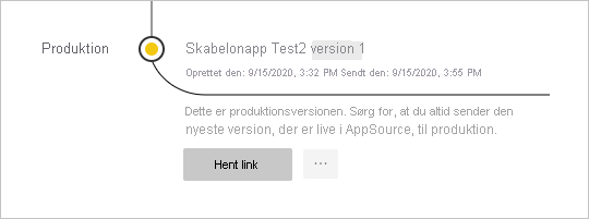 Skærmbillede af ruden Udgivelsesadministration med appen i produktion.