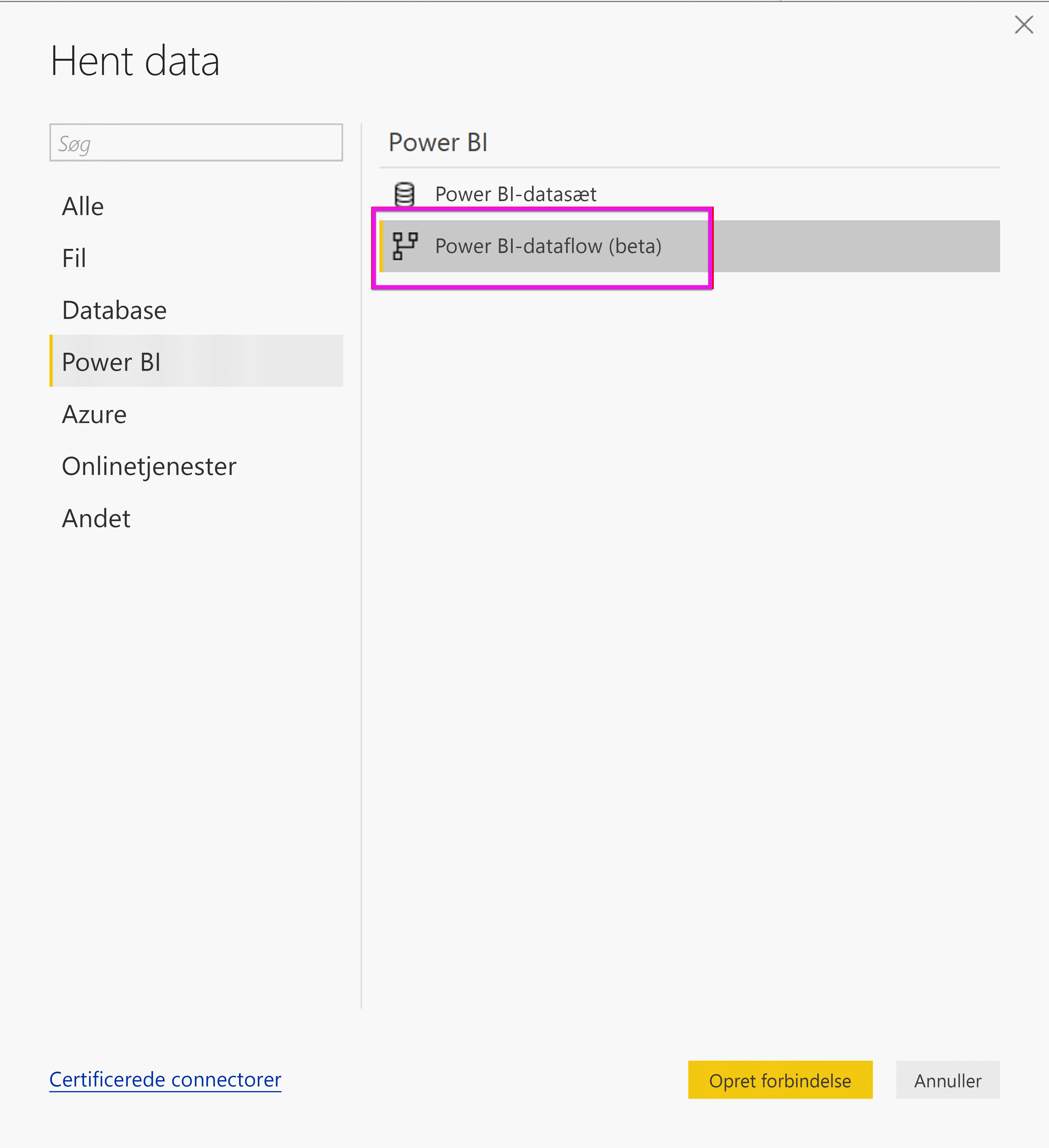 Screenshot shows the Get Data pane with Power BI dataflows selected.