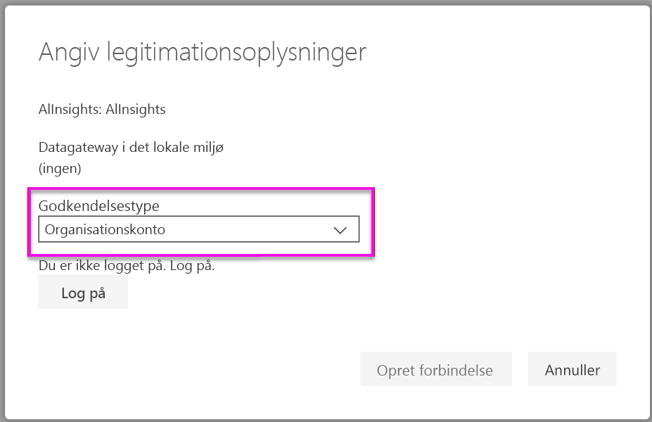 Screenshot shows the Enter credentials dialog box where you can specify Organizational account.