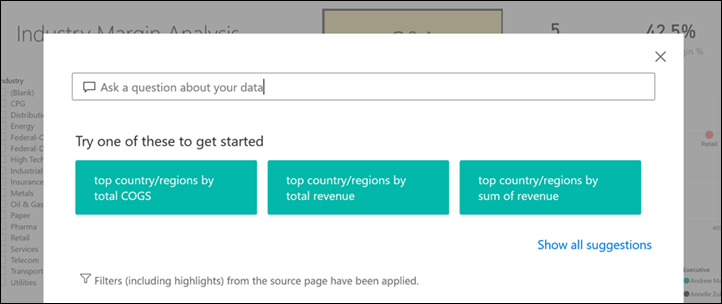 Skærmbillede af et åbent Power BI Q&A Explorer-vindue med foreslåede spørgsmål.