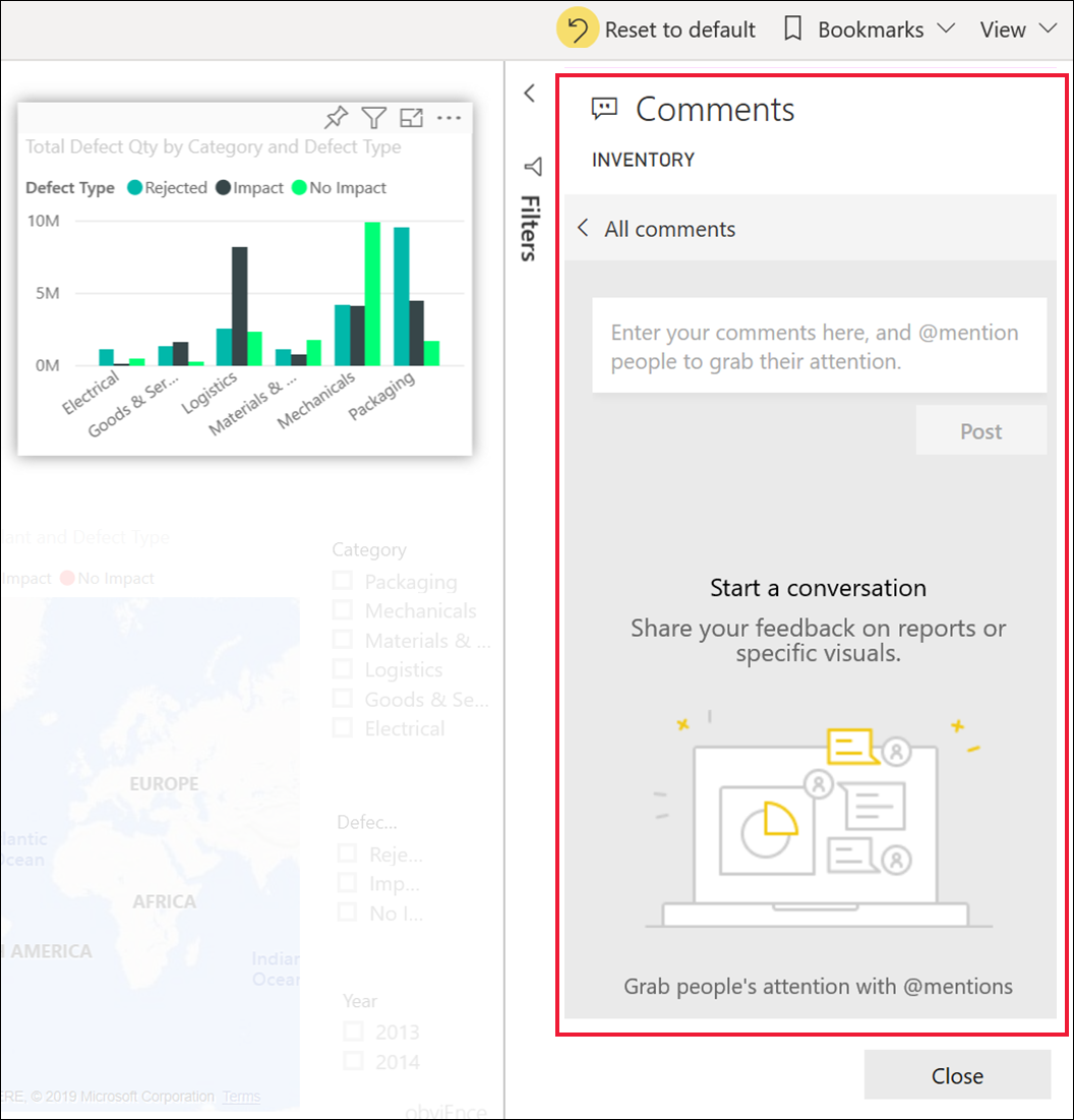 Skærmbillede, der viser en fremhævet visualisering på et dashboard. Afsnittet Kommentarer er beskrevet.