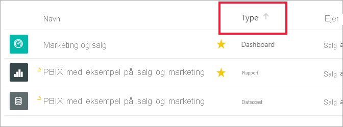 Skærmbillede, der viser pilen ud for Kolonneoverskriften Type.