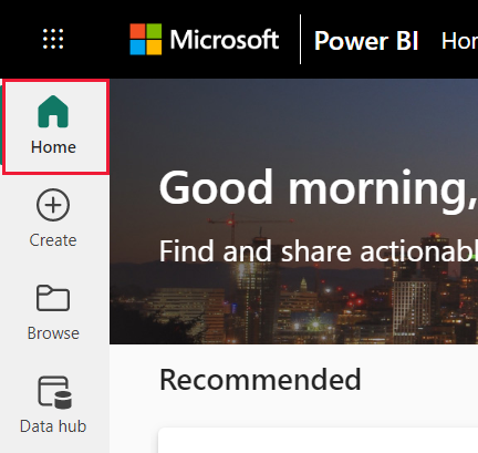 Et skærmbillede af navigationsruden for Power BI-tjeneste med Hjem valgt.