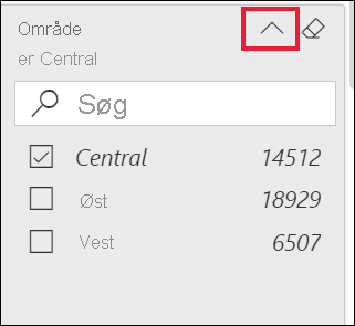 Skærmbillede af et udvidet filter og pilen ud for filternavnet fremhævet.