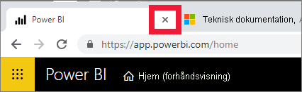 Et skærmbillede, der viser x på browserfanen for at lukke Power BI.