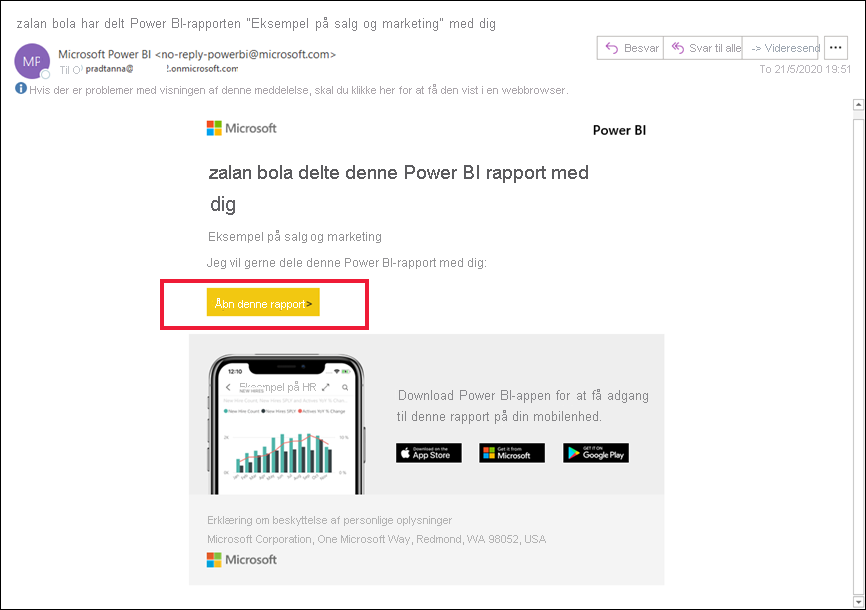 Et skærmbillede, der viser en mail, der indeholder et link til en rapport.