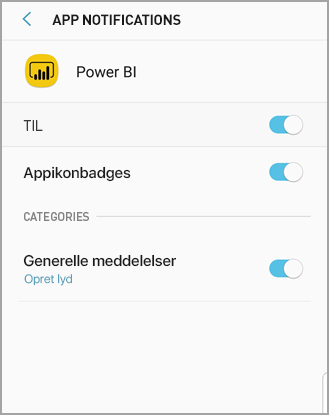 Skærmbillede, der viser en Android-telefonskærm med titlen Power BI, hvor du kan tillade og administrere meddelelser.