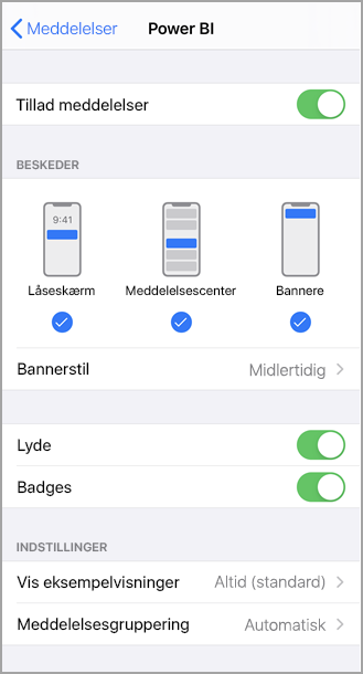 Skærmbillede, der viser en iPhone-skærm med titlen Power BI, hvor du kan tillade og administrere meddelelser.