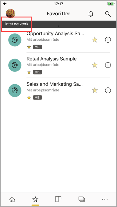 Skærmbillede, der viser Power BI-mobilappen med meddelelsen 