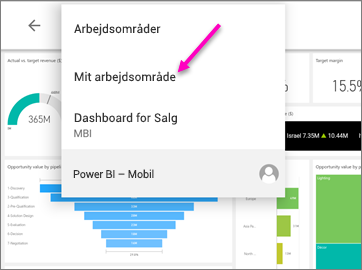 Skærmbillede, der viser brødkrummemenuen på en Android-tablet, hvor Mit arbejdsområde er fremhævet.