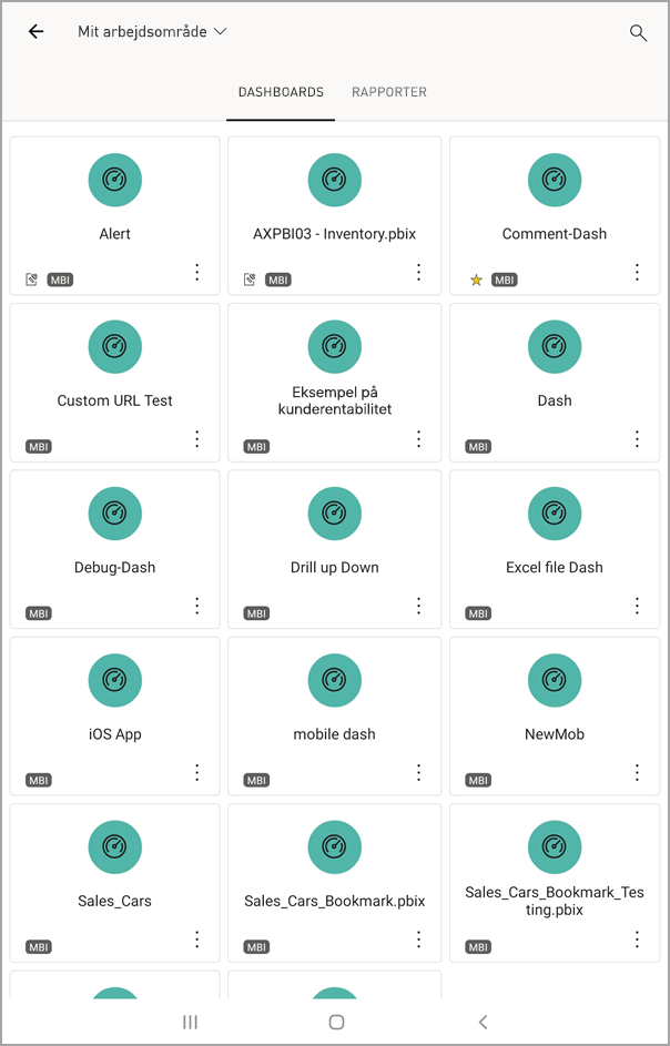 Skærmbillede, der viser en Android-tabletskærm med Mit arbejdsområde med DASHBOARDS valgt.