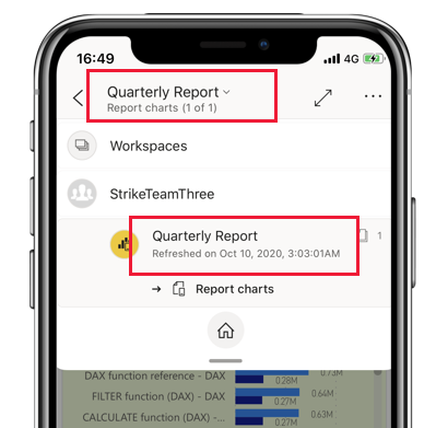 Skærmbillede af oplysninger om opdatering af rapporter i mobilappen.