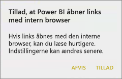 Skærmbillede af en dialogboks, der viser, at Power BI kan åbne links med intern browser.