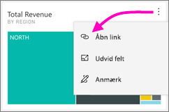 Skærmbillede af et dashboard, der viser den lodrette ellipse, der peger på Åbn link.