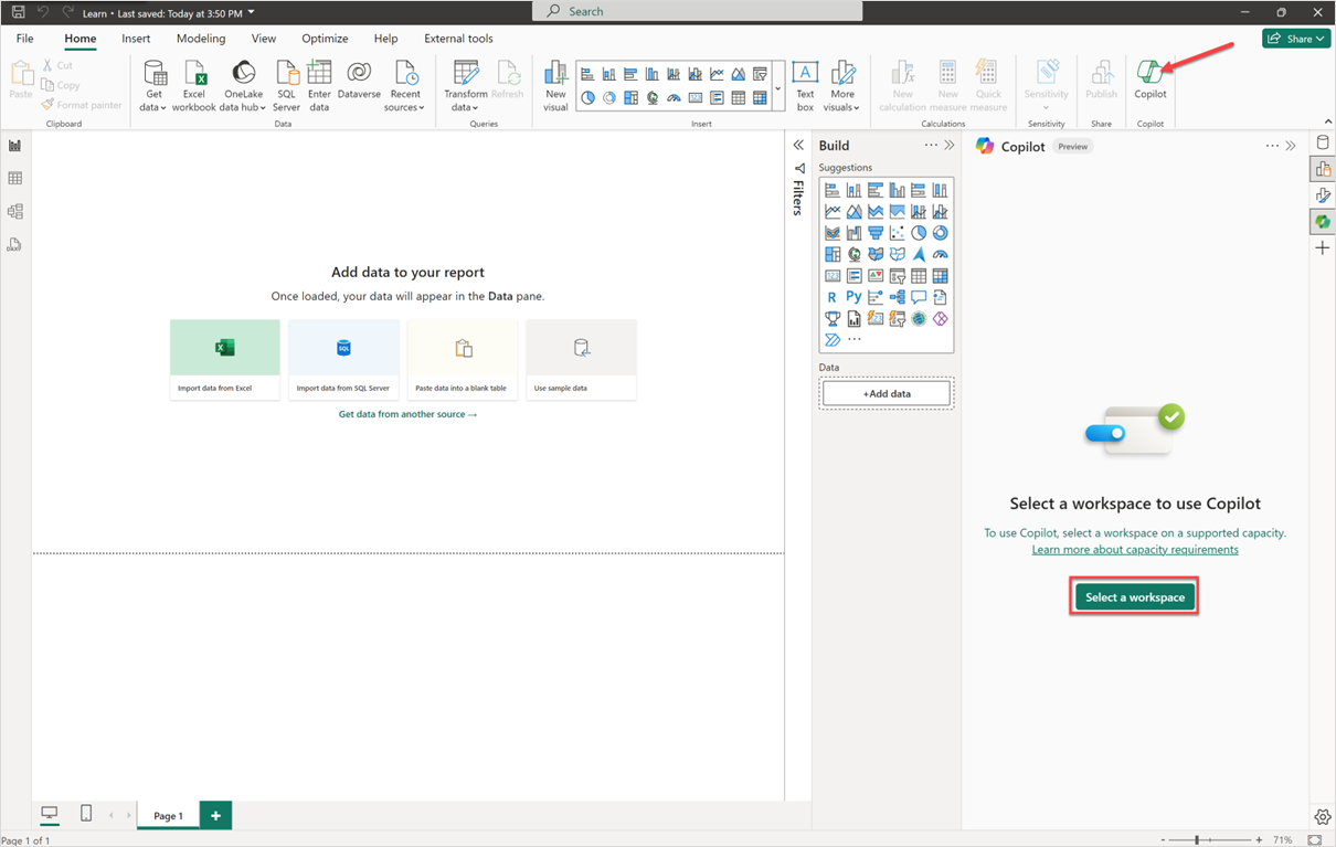 Skærmbillede af ruden Copilot i Power BI Desktop.