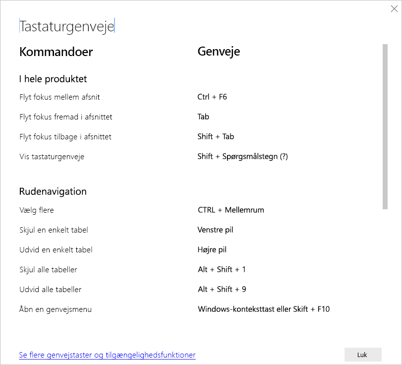 Skærmbillede af tastaturgenveje i Power BI Desktop.