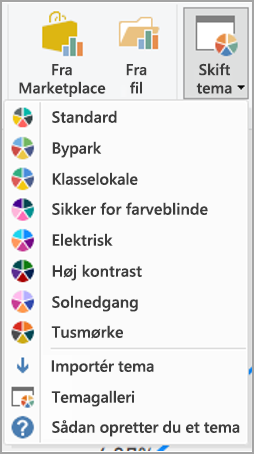 Skærmbillede, der viser de indbyggede temaer i Power BI.