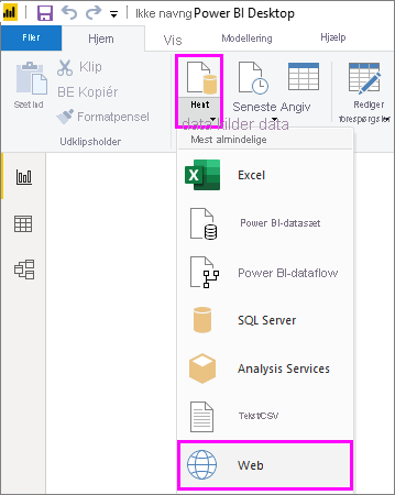 Skærmbillede af Power BI Desktop, der fremhæver webvalget i rullemenuen Hent data.