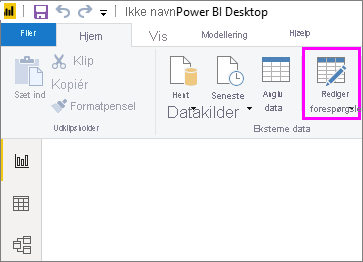 Skærmbillede af Power BI Desktop, der fremhæver valget Transformér data.