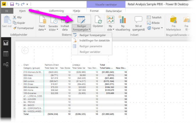 Skærmbillede af Power BI Desktop med Transformér data fremhævet.