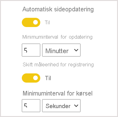 Indstillinger for automatisk sideopdatering på kapacitetsadministrationsportalen