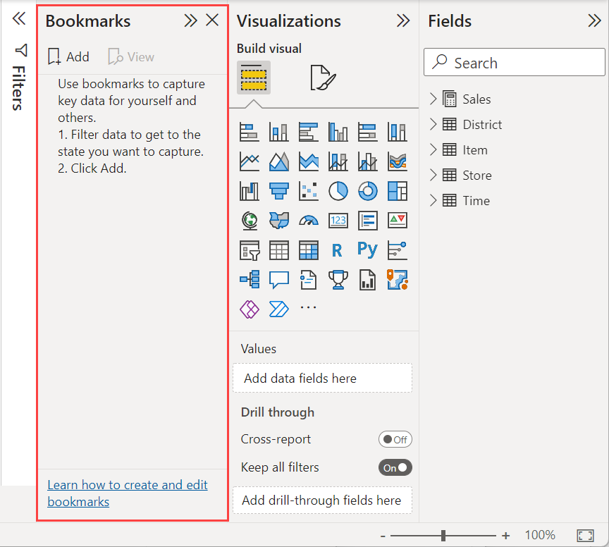 Skærmbillede, der viser bogmærker i Power BI.