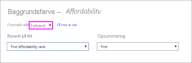 Dialogboks med typografien Formatér for baggrundsfarven i kolonnen Prisbillighed: Rullelisten Formattypografi er angivet til Feltværdi.