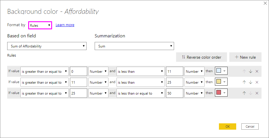 Dialogboksen Betinget formatering for baggrundsfarve efter regler: Rullemenuen Formattypografi er angivet til regler.