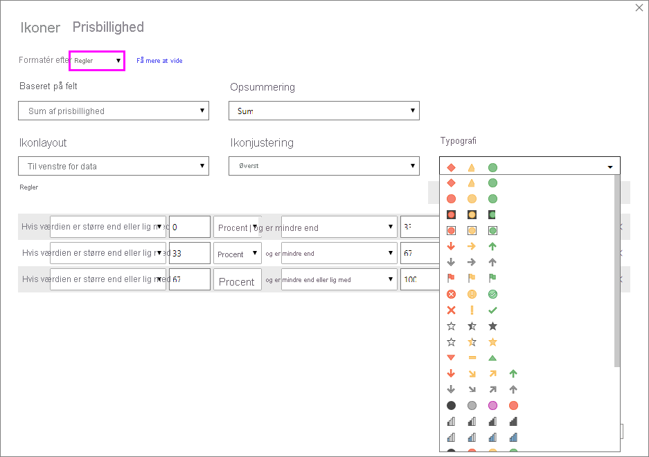 Dialogboks med ikoner: Formattypografi er angivet til Regler. Tilgængelige ikoner vises på rullelisten Typografi.