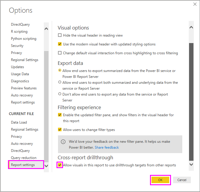 Skærmbillede, der viser aktivering af detaljeadgang på tværs af rapporter i Power BI Desktop.