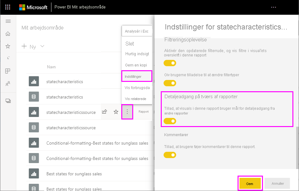 Skærmbillede, der viser aktivering af detaljeadgang på tværs af rapporter i Power BI-tjenesten.