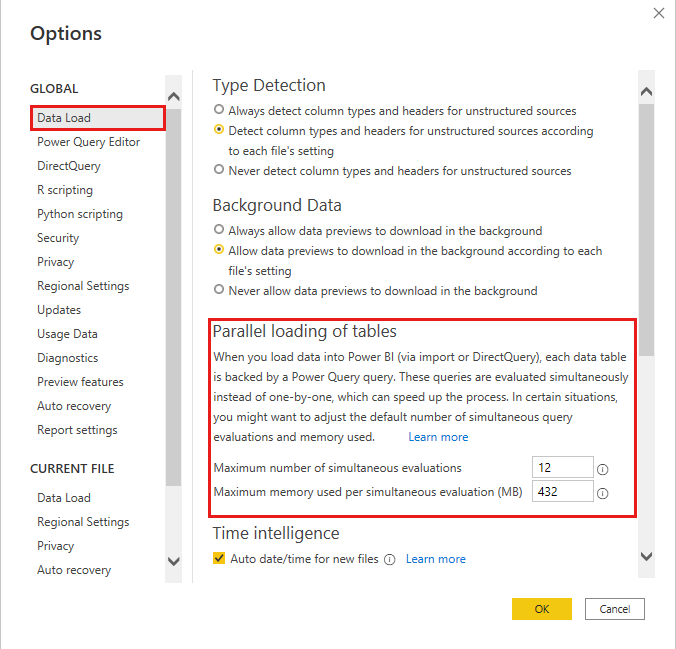 Ændring af indstillinger for parallelisering af dataindlæsning i Power BI Desktop