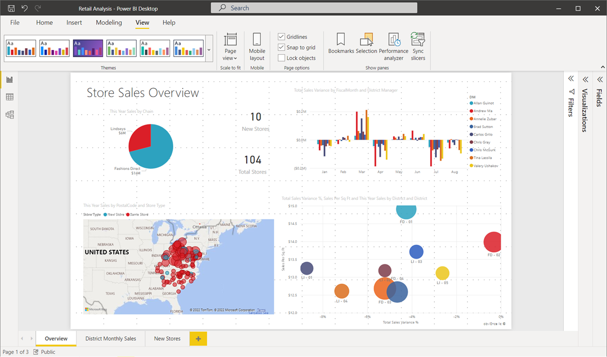 Skærmbillede af rapportlærredet, der viser, hvordan du bruger gitterlinjer og fastgørelse til gitter i Power BI Desktop-rapporter.