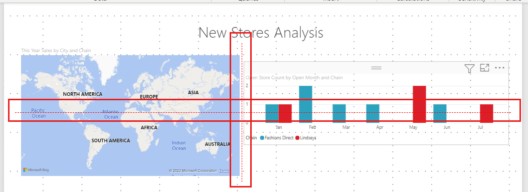 Skærmbillede af Power BI-rapportlærredet, der viser, hvordan du bruger smarte hjælpelinjer til at justere dine visualiseringer.