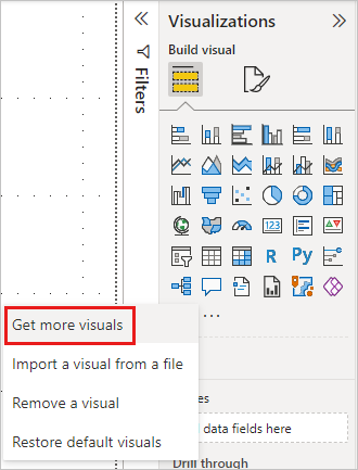 Skærmbillede, der viser Hent flere visualiseringer i Flere indstillinger i ruden Visualiseringer i Power BI.