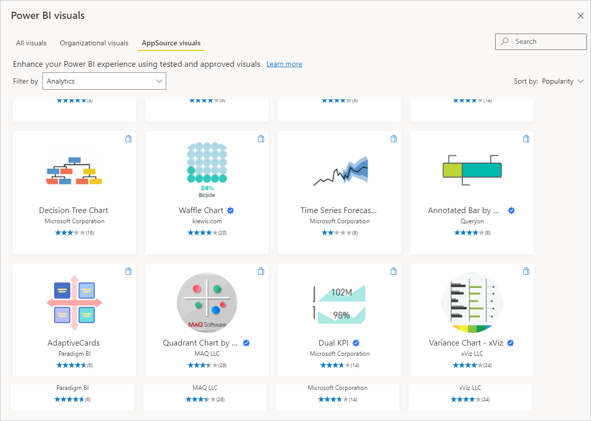 Skærmbillede, der viser Power BI-visualiseringer, der er tilgængelige, når du vælger Hent flere visualiseringer.